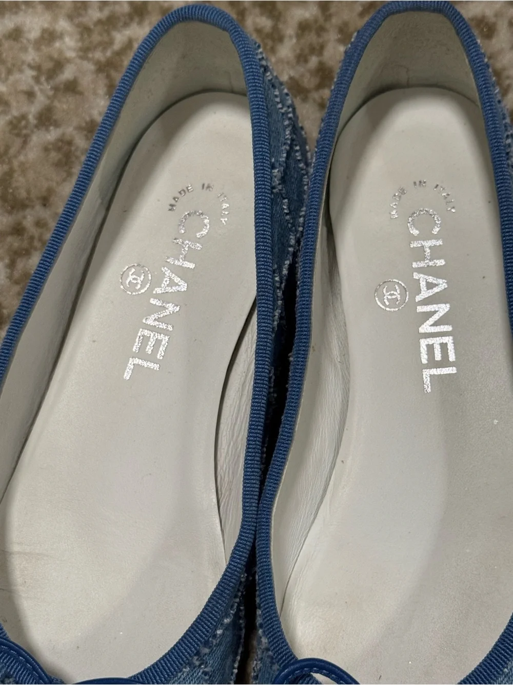CHANEL Blue Denim and Black Cap-Toe Bow Flats